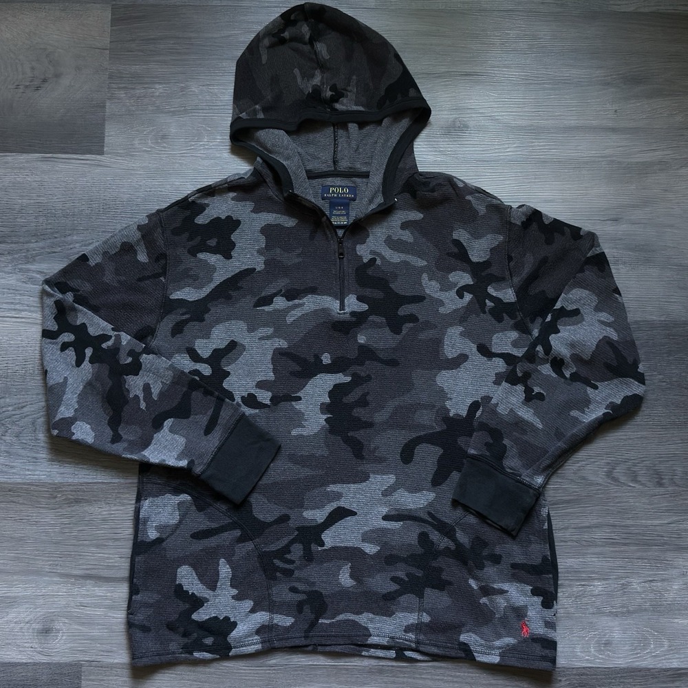 Polo Ralph Lauren Camo Thermal Waffle Knit Hoodie Mens L Black Grey 1/4 Zip